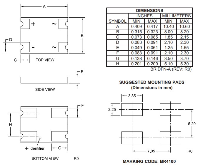 Mechanical Drawing - Central Semiconductor CBRDFA4-100 Full-Wave Bridge Rectifier
